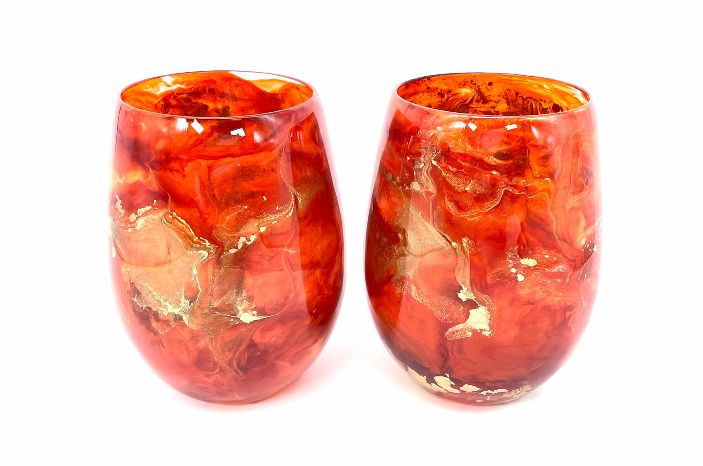 Orange and Gold Resin Art Stemless Wine Glass Set of Two Customize 20 Ounce
