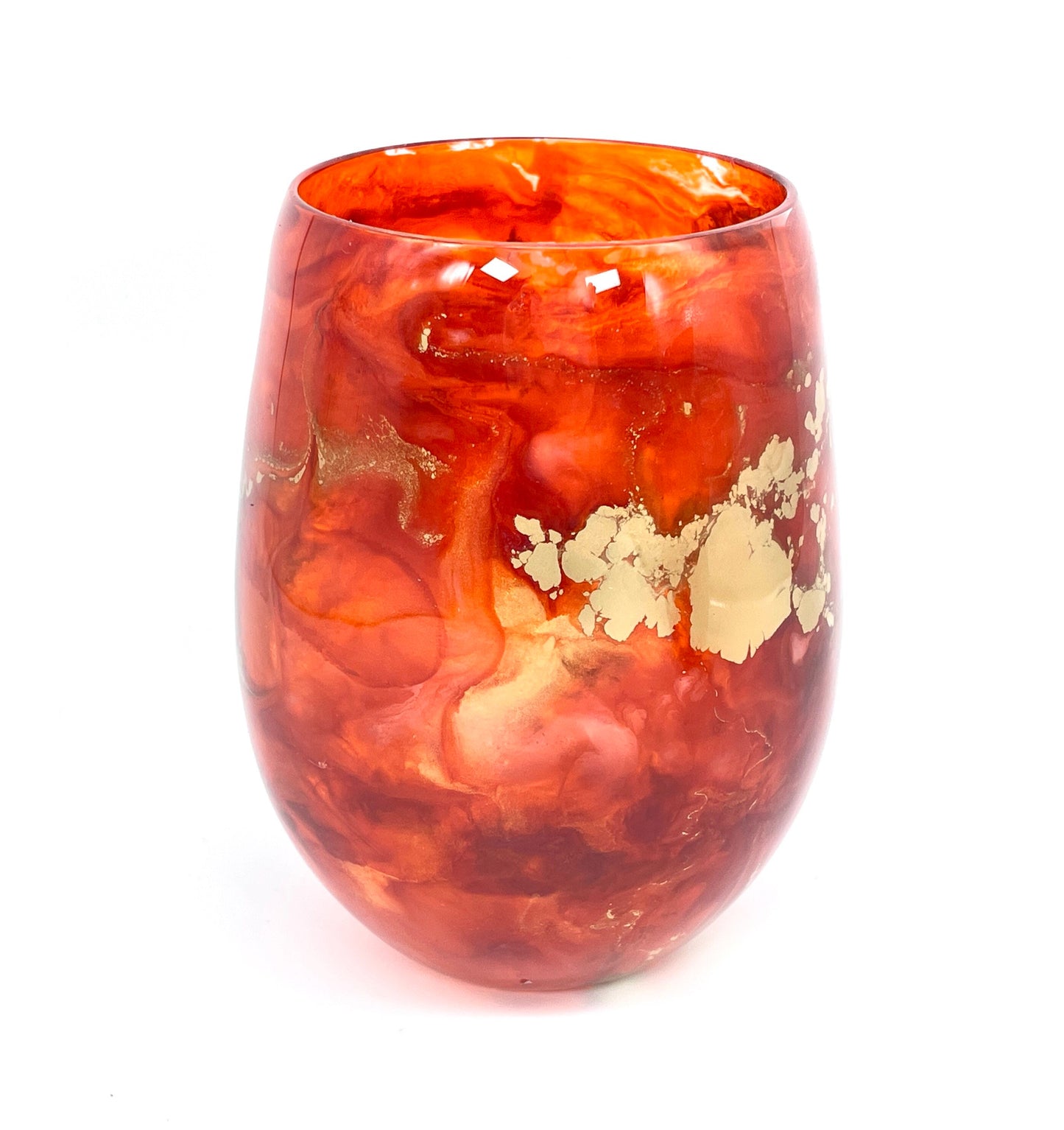 Orange and Gold Resin Art Stemless Wine Glass Set of Two Customize 20 Ounce