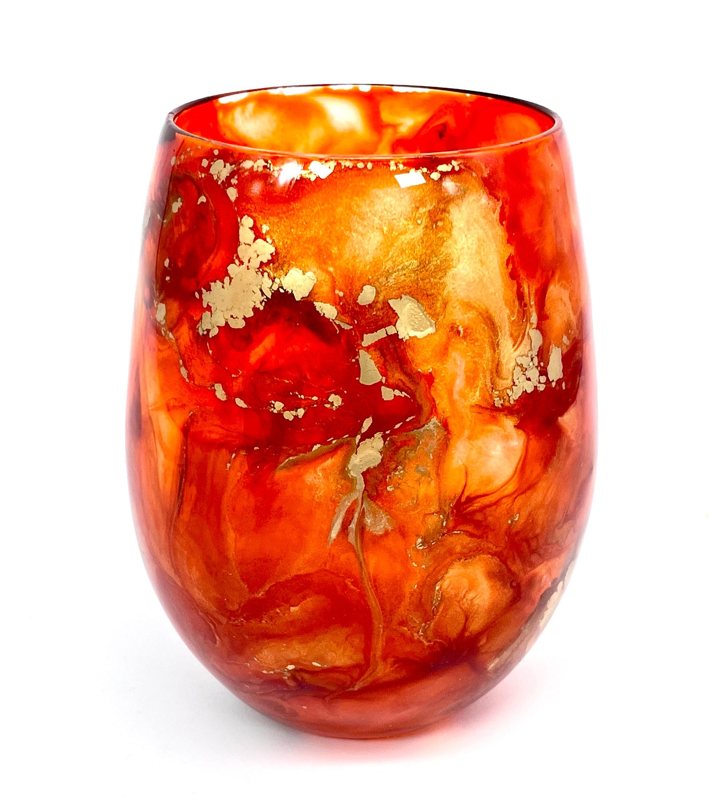 Orange and Gold Resin Art Stemless Wine Glass Set of Two Customize 20 Ounce