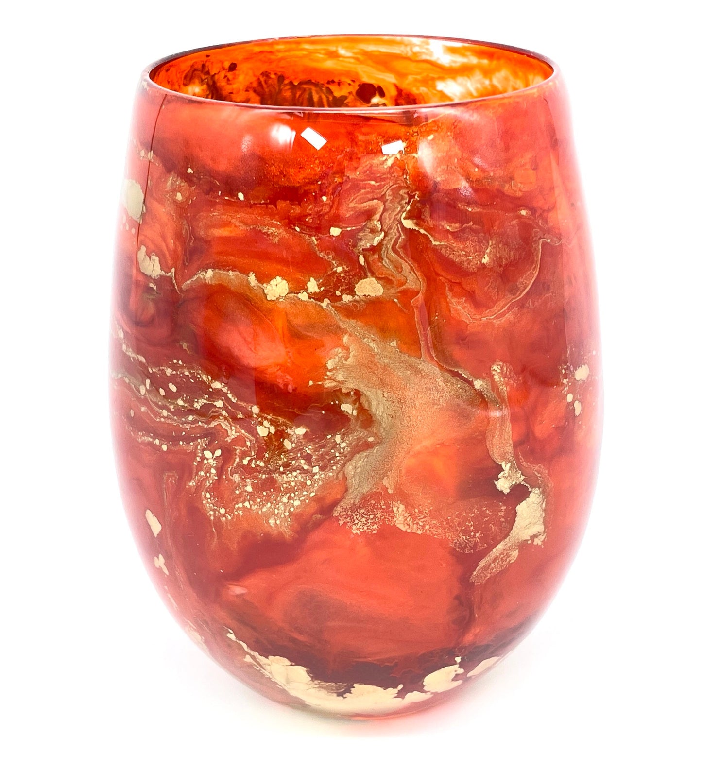 Orange and Gold Resin Art Stemless Wine Glass Set of Two Customize 20 Ounce