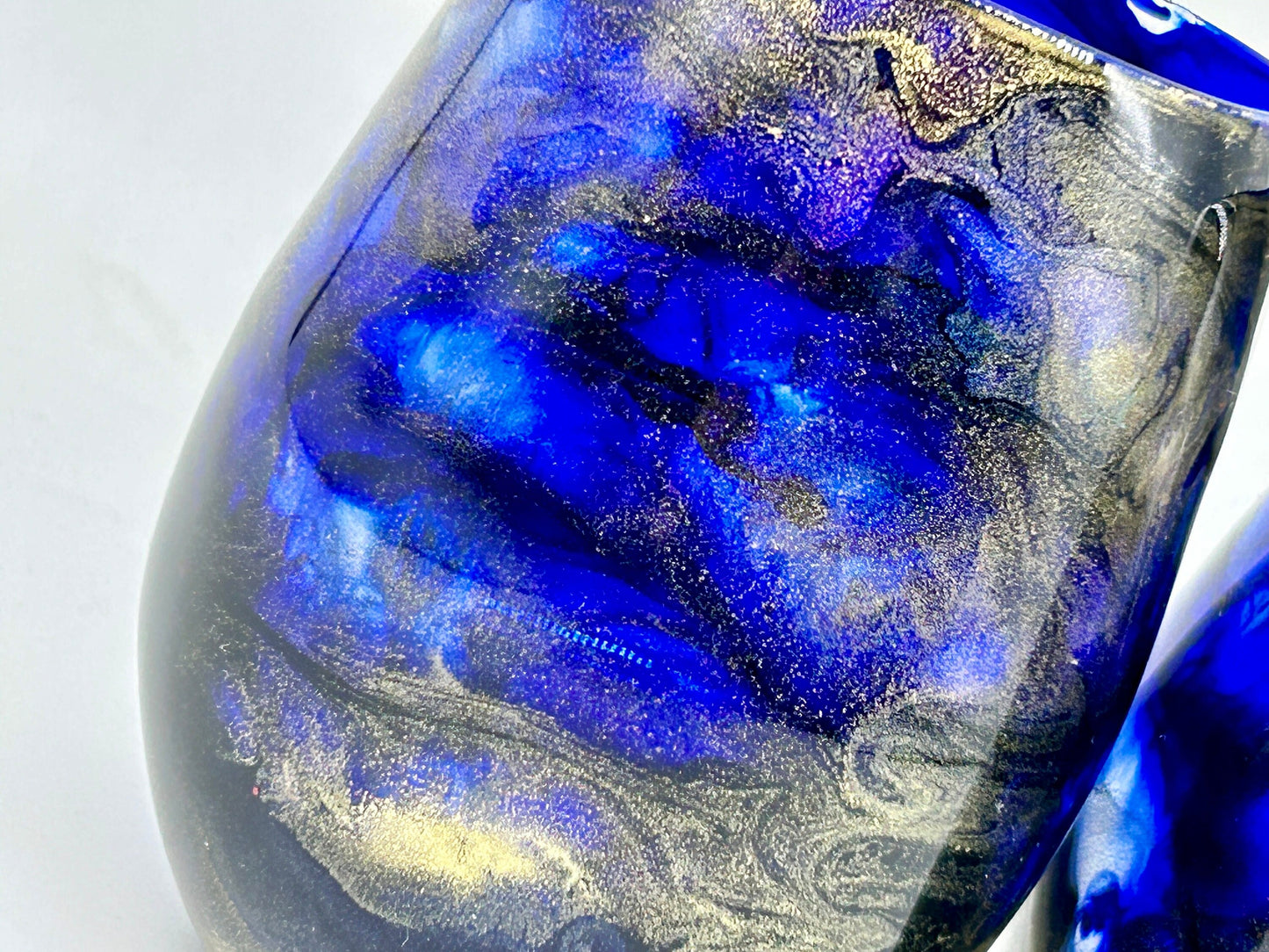 Navy Blue and Gold Jewel toned Resin Art Stemless Wine Glass Set of Two or Single 20 Ounce