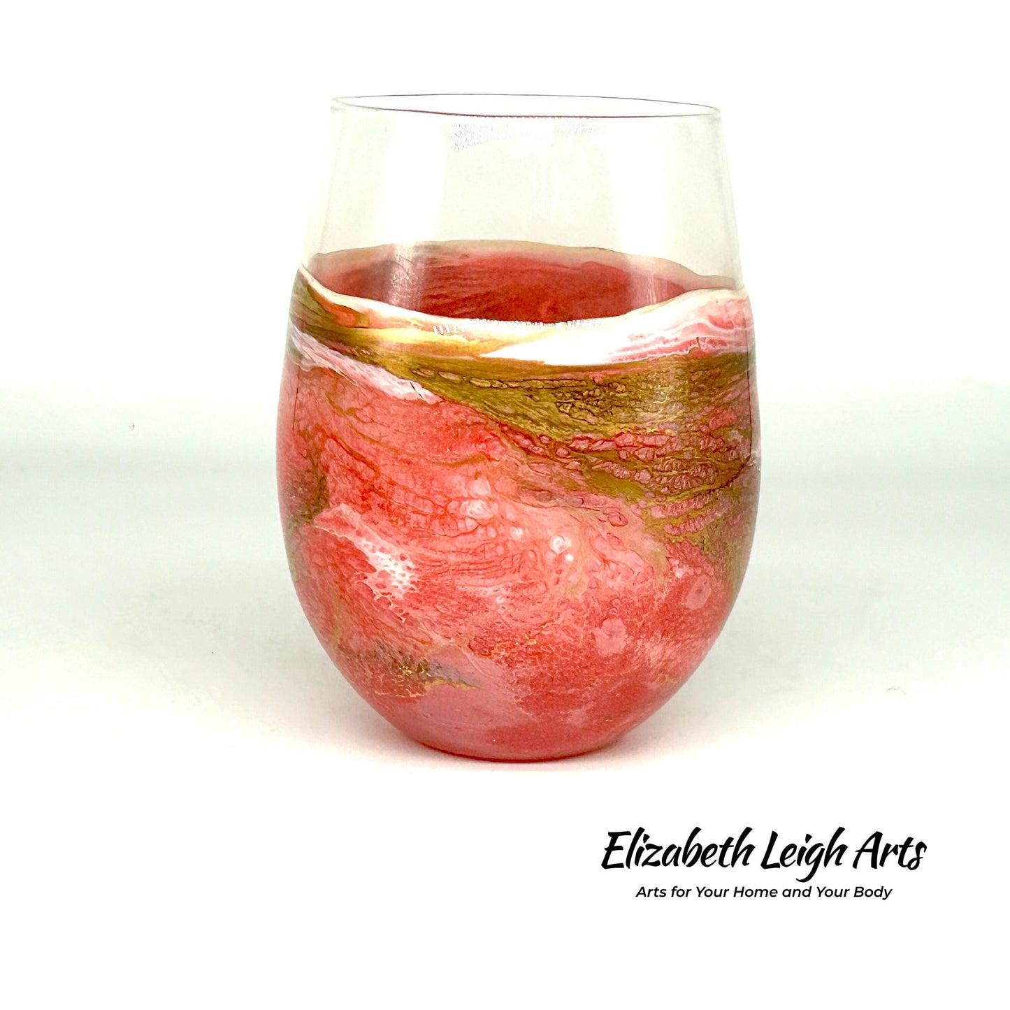 Peach Pink and Gold Waves Resin Art Stemless Wine Glass Set of Two Customize 20 Ounce