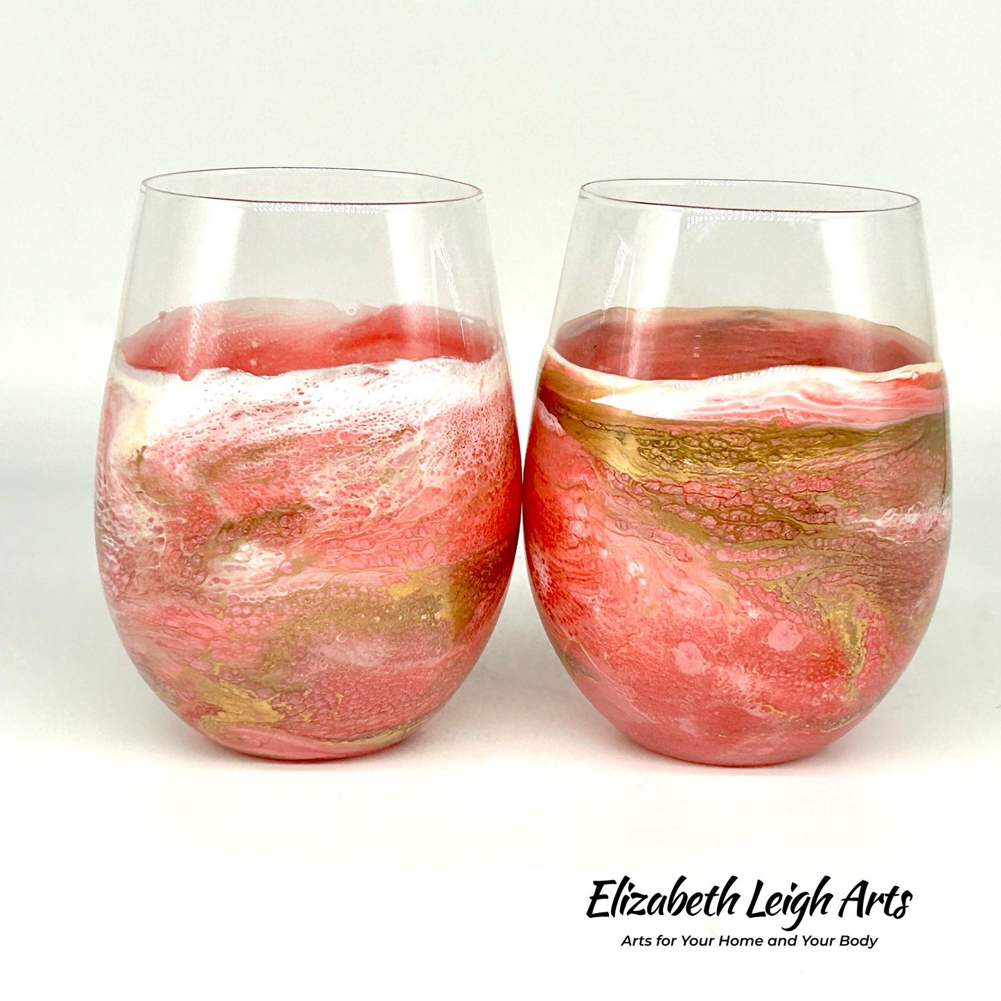 Peach Pink and Gold Waves Resin Art Stemless Wine Glass Set of Two Customize 20 Ounce