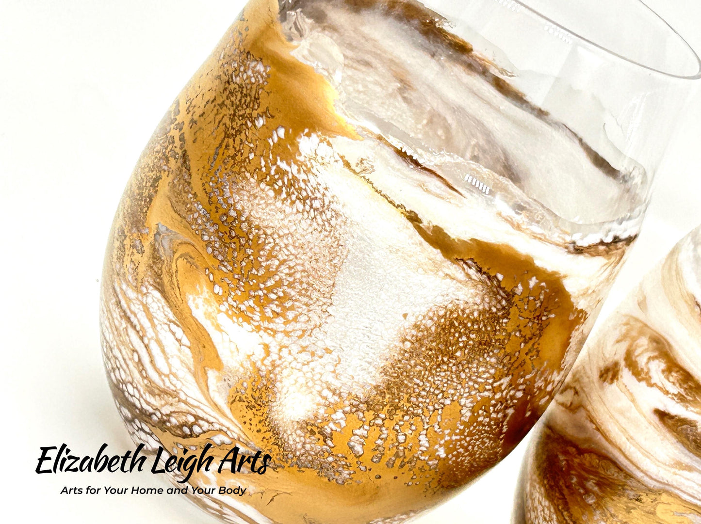 White and Gold Waves Stemless Wine Glass Set of Two Wedding Collection Luxury Glassware