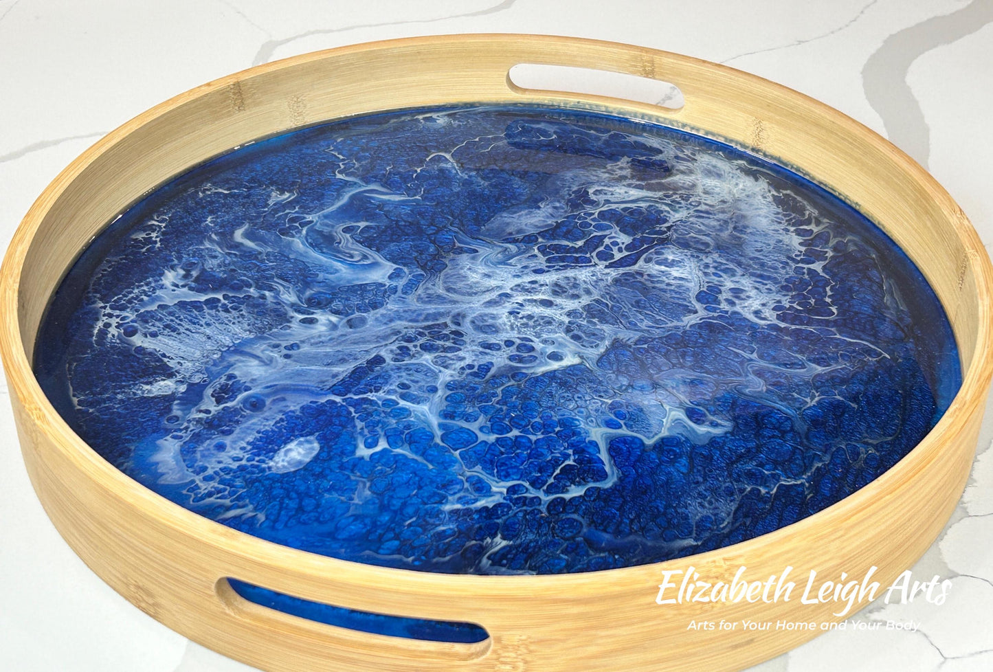 Ocean Blue and White Bamboo Tray 15"