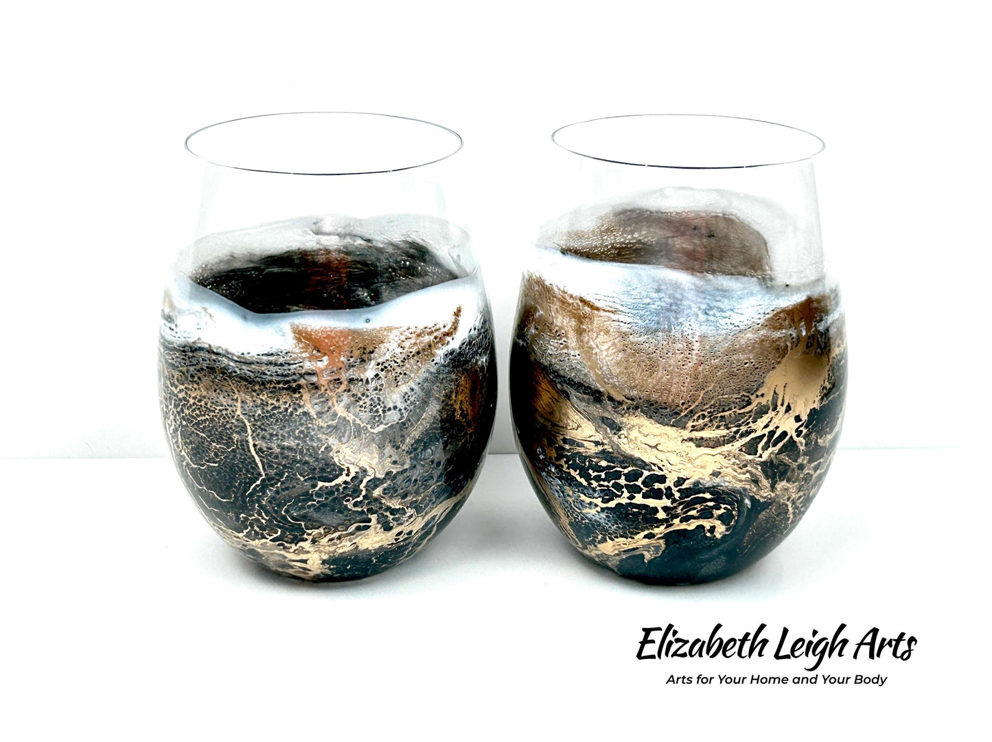 Black, White and Gold Waves Resin Art Stemless Wine Glass Set of Two Customize 18 Ounce