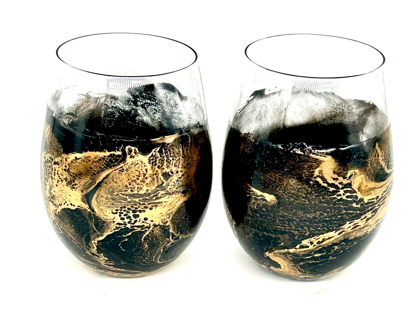 Black and Gold Waves Resin Art Stemless Wine Glass Set of Two Customize 20 Ounce