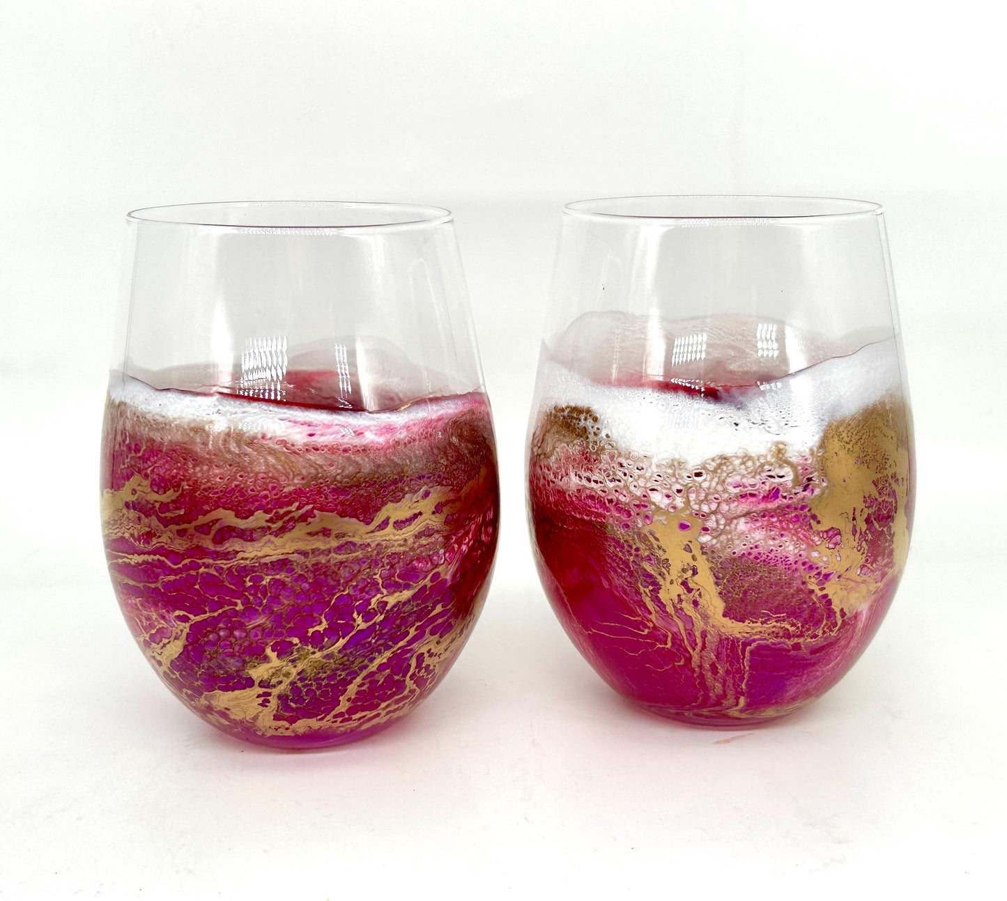 Magenta Pink and Gold Waves Stemless Wine Glass Set of Two Customize 18 Ounce