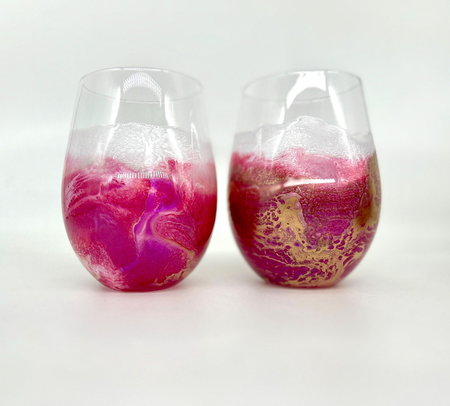 Magenta Pink and Gold Waves Stemless Wine Glass Set of Two Customize 18 Ounce