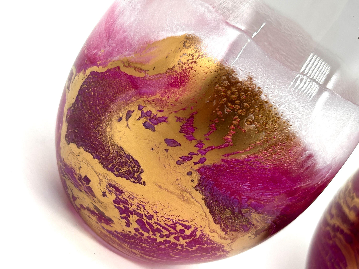 Magenta Pink and Gold Waves Resin Art Stemless Wine Glass Set of Two Customize 20 Ounce