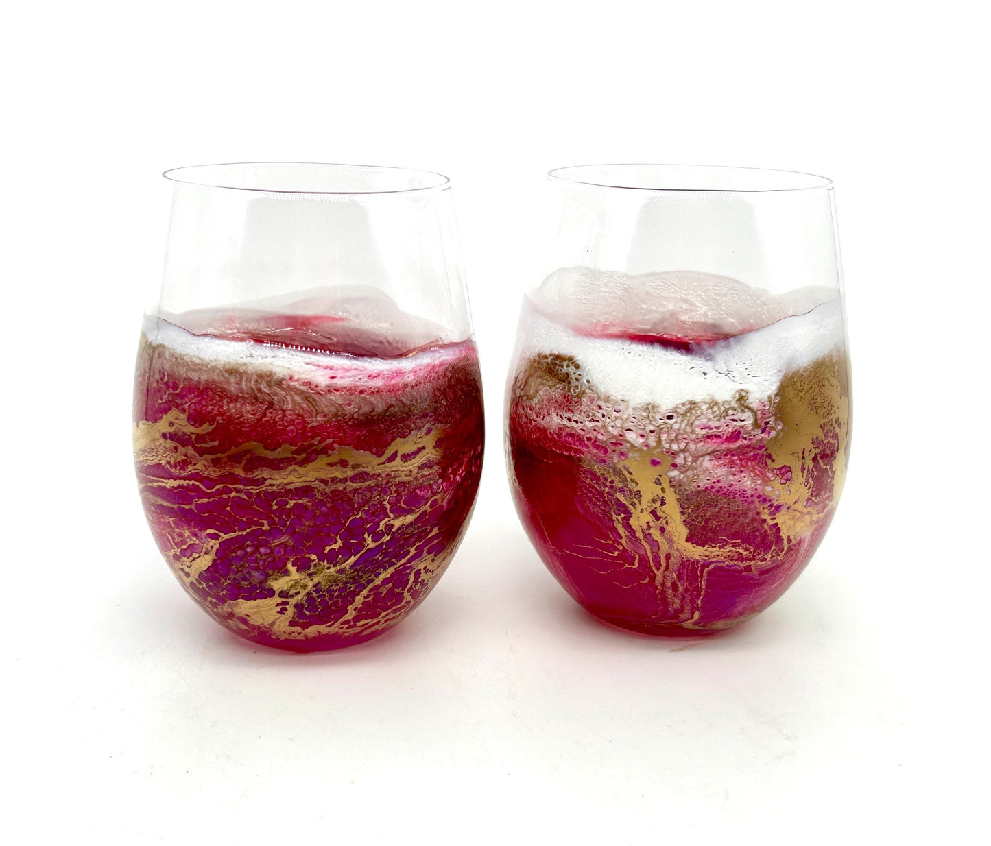 Magenta Pink and Gold Waves Stemless Wine Glass Set of Two Customize 18 Ounce