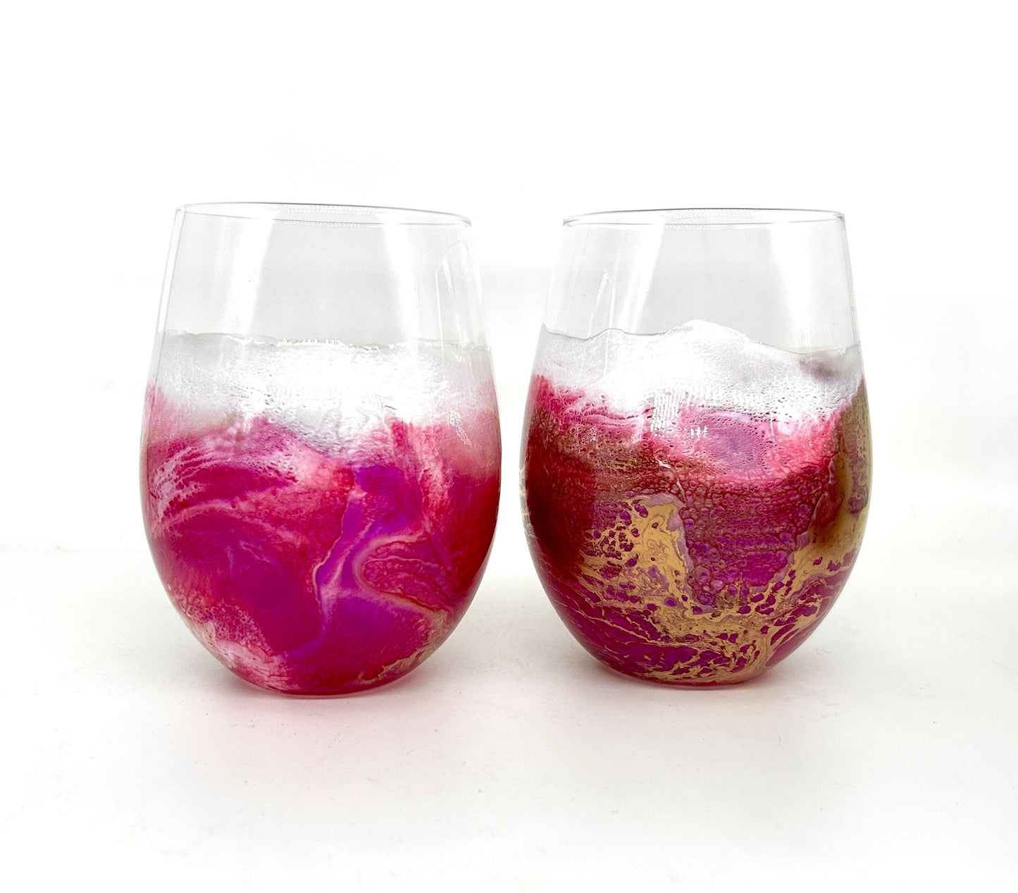 Magenta Pink and Gold Waves Stemless Wine Glass Set of Two Customize 18 Ounce