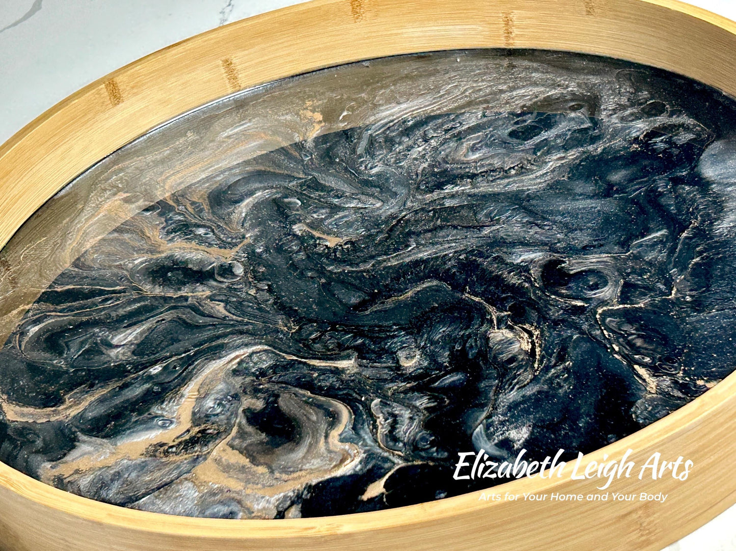 Black White Gold Bamboo Serving Tray 15"