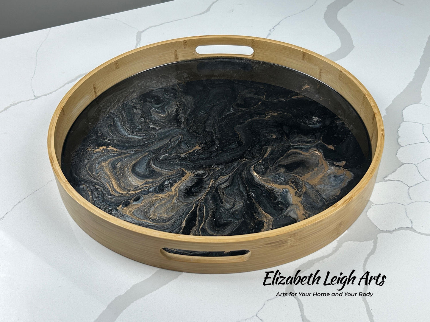 Black White Gold Bamboo Serving Tray 15"