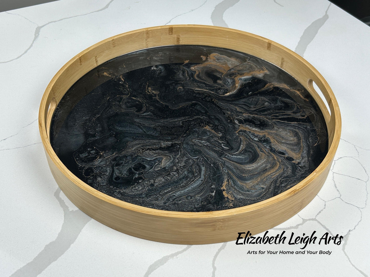 Black White Gold Bamboo Serving Tray 15"
