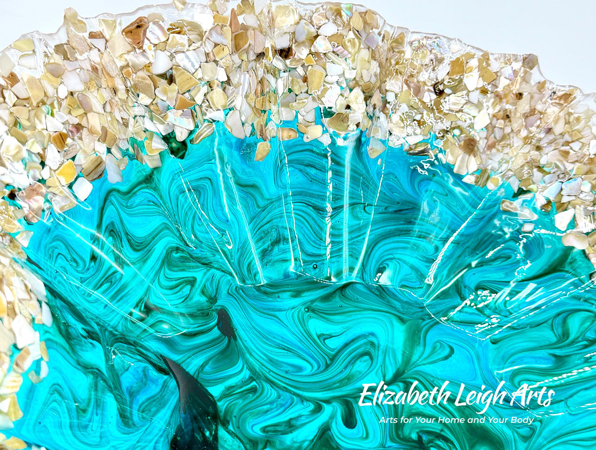 Turquoise and Green Freeform Bowl with Crushed Shells: Beach House Decor