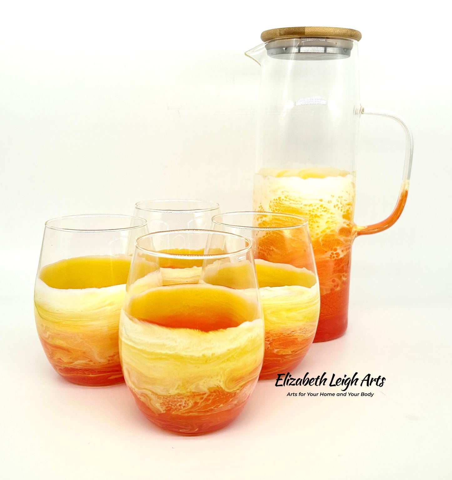 Sunset Yellow Orange Ocean Resin Art Glass Carafe Pitcher and Wine Glass Set - 3 or 5 Piece Set