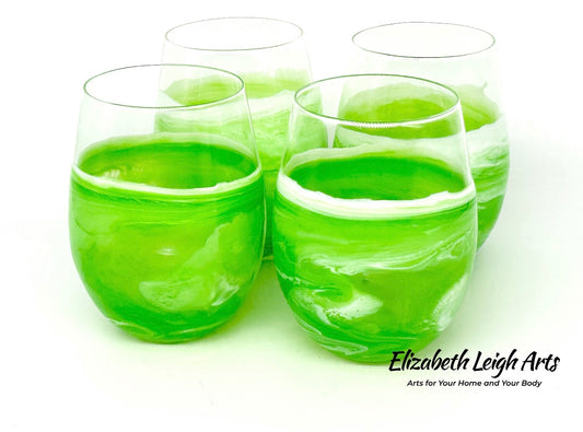 Apple Green Waves Resin Art Stemless Wine Glass Set of Two Customize 20 Ounce