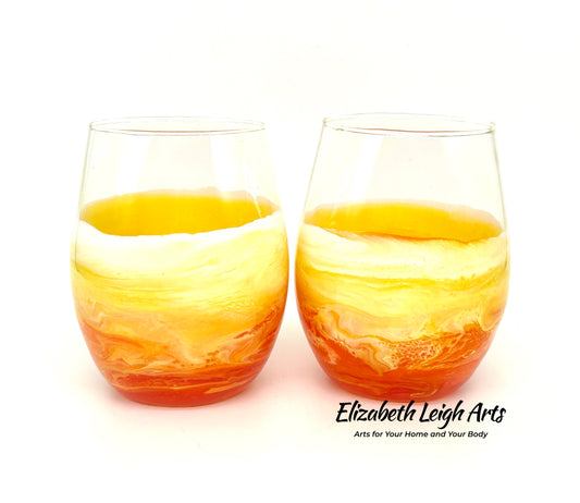 Sunset Yellow Orange Ocean Resin Art Glass Carafe Pitcher and Wine Glass Set - 3 or 5 Piece Set