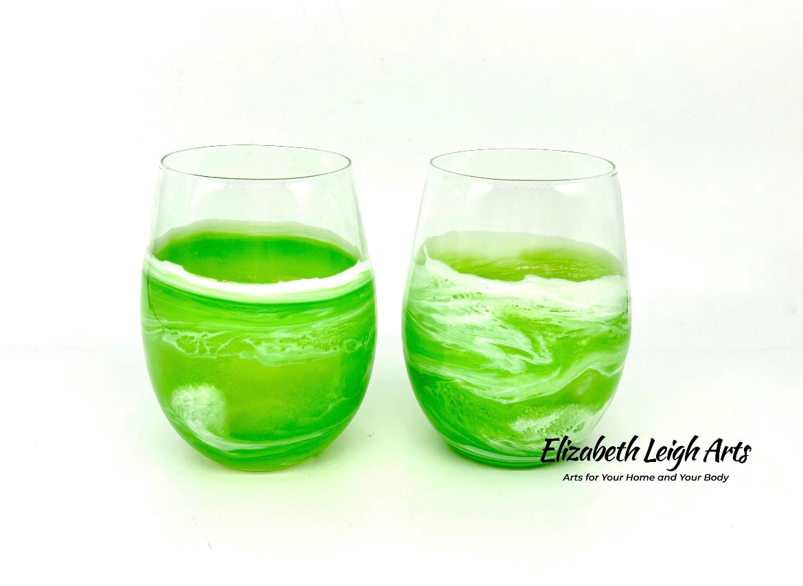 Apple Green Waves Resin Art Stemless Wine Glass Set of Two Customize 20 Ounce