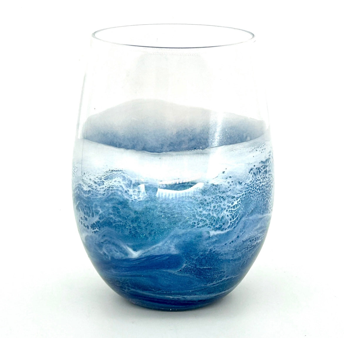Blue Teal Ocean Waves Resin Art Stemless Wine Glass Set of Two Customize 20 Ounce MADE TO ORDER