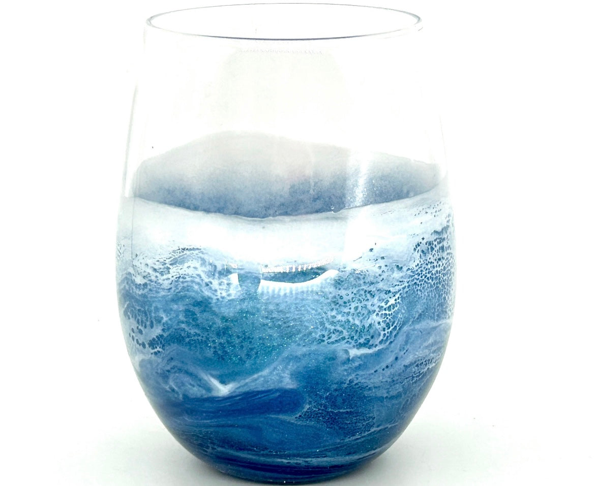 Blue Teal Ocean Waves Resin Art Stemless Wine Glass Set of Two Customize 20 Ounce MADE TO ORDER