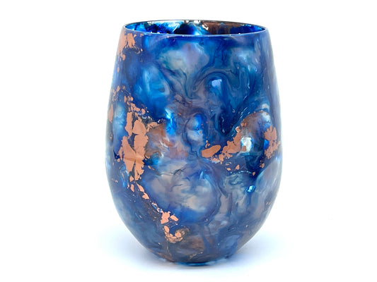 Navy Blue and Copper Resin Art Stemless Wine Glass Set of Two Customize MADE TO ORDER