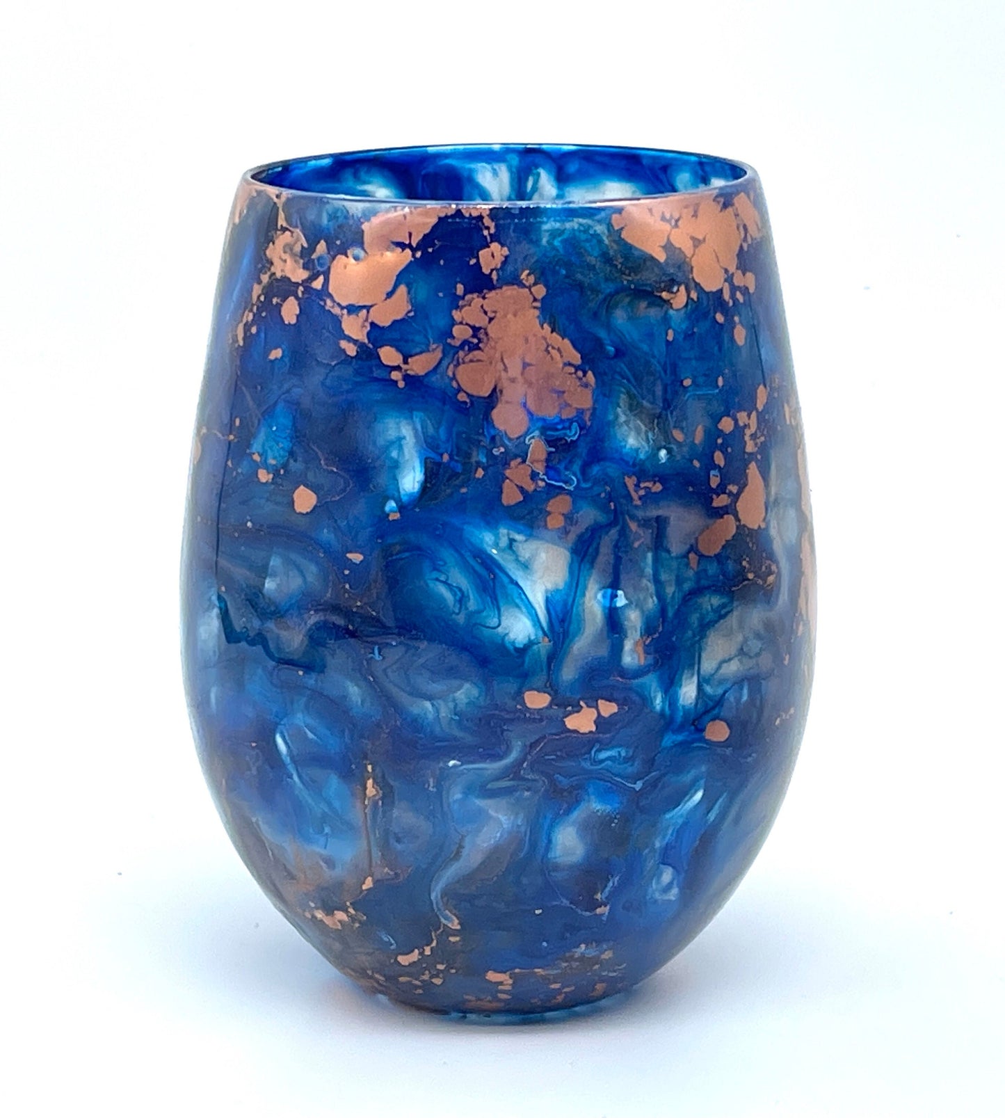 Navy Blue and Copper Resin Art Stemless Wine Glass Set of Two Customize MADE TO ORDER
