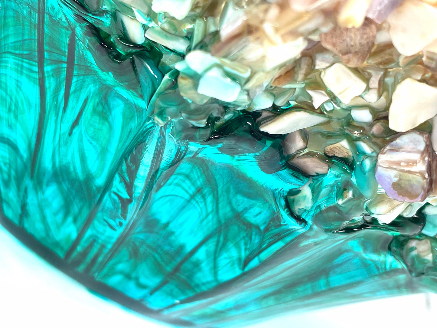 Ocean Green and Turquoise Swirled Resin and Crushed Shell Decorative Bowl MADE TO ORDER