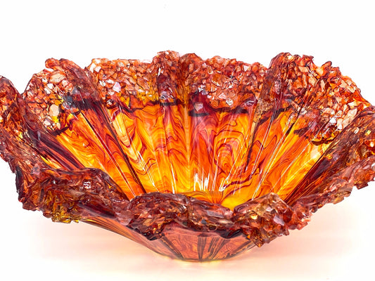 Fire Orange Resin and Cut Glass Decorative Bowl MADE TO ORDER