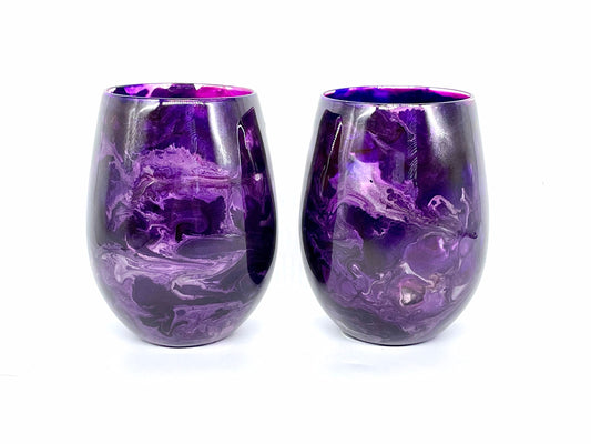 Purple and Silver Resin Art Stemless Wine Glass Set of Two Customize 20 Ounce MADE TO ORDER
