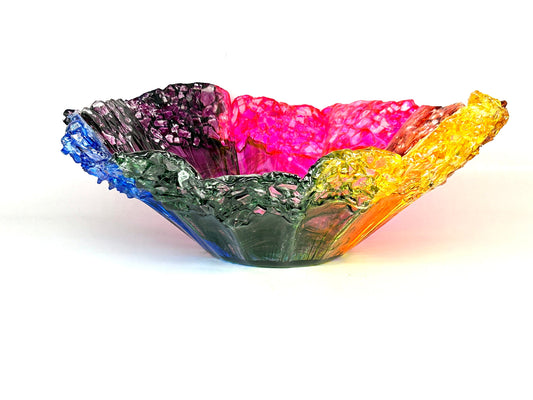 Rainbow Resin and Crushed Glass Decorative Bowl One of a Kind