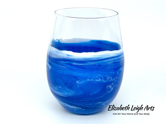 Blue Waves Resin Art Stemless Wine Glass Set of Two Customize 20 Ounce MADE TO ORDER