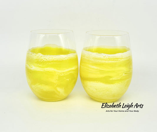 Yellow Waves Resin Art Stemless Wine Glass Set of Two Customize 20 Ounce