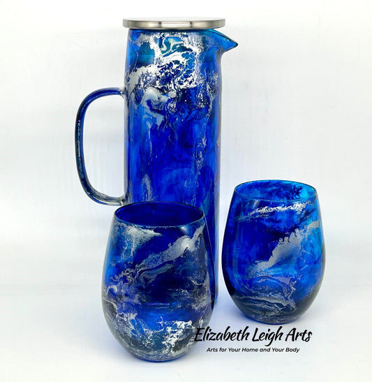 Sapphire Blue and Silver Resin Art Glass Carafe Pitcher and Wine Glass Three Piece Set