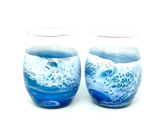 CUSTOM Ocean Wave Stemless Wine Glass Single, Set of Two, Set of Four Any Color with White Waves