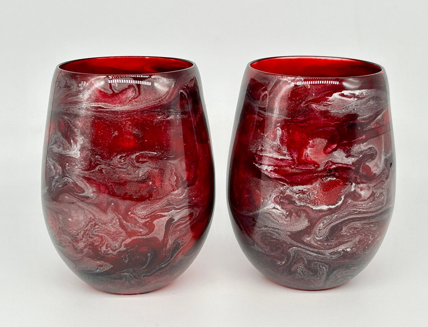 Dark Red and Silver Resin Art Stemless Wine Glass Set of Two Customize