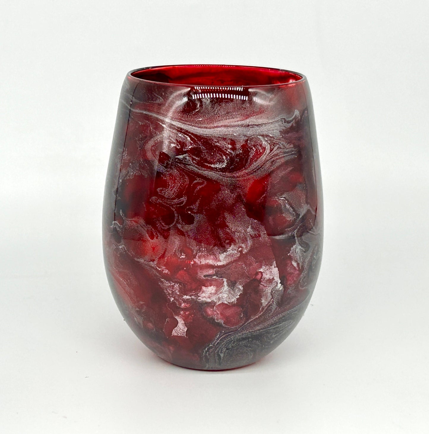 Dark Red and Silver Resin Art Stemless Wine Glass Set of Two Customize
