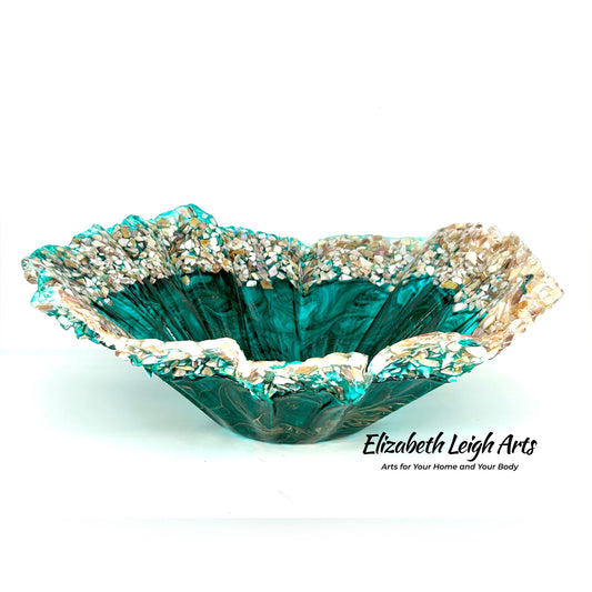 Turquoise Green and Gold Swirled Resin and Crushed Shell Decorative Bowl