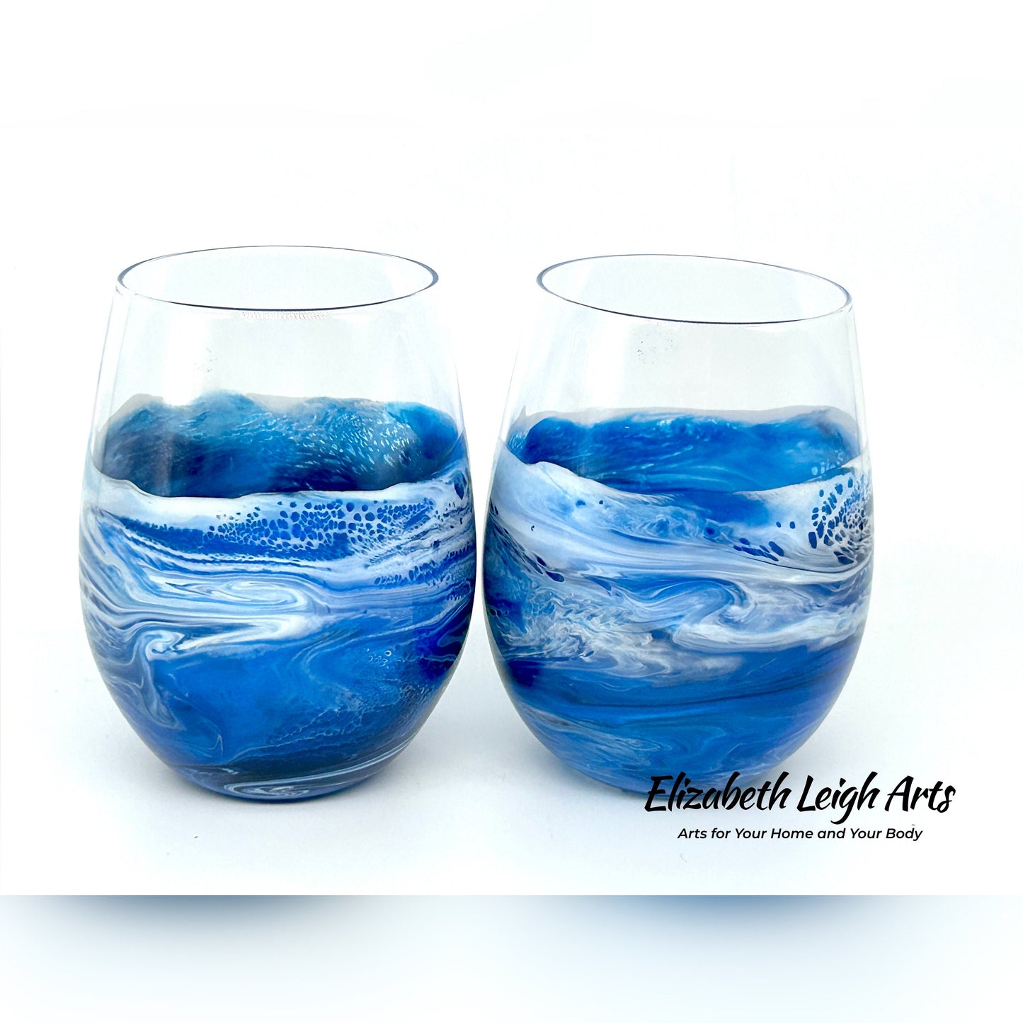 Bright Blue Waves Resin Art Stemless Wine Glass Set of Two Customize 20 Ounce