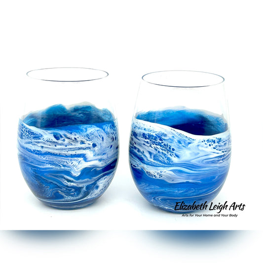 Bright Blue Waves Resin Art Stemless Wine Glass Set of Two Customize 20 Ounce