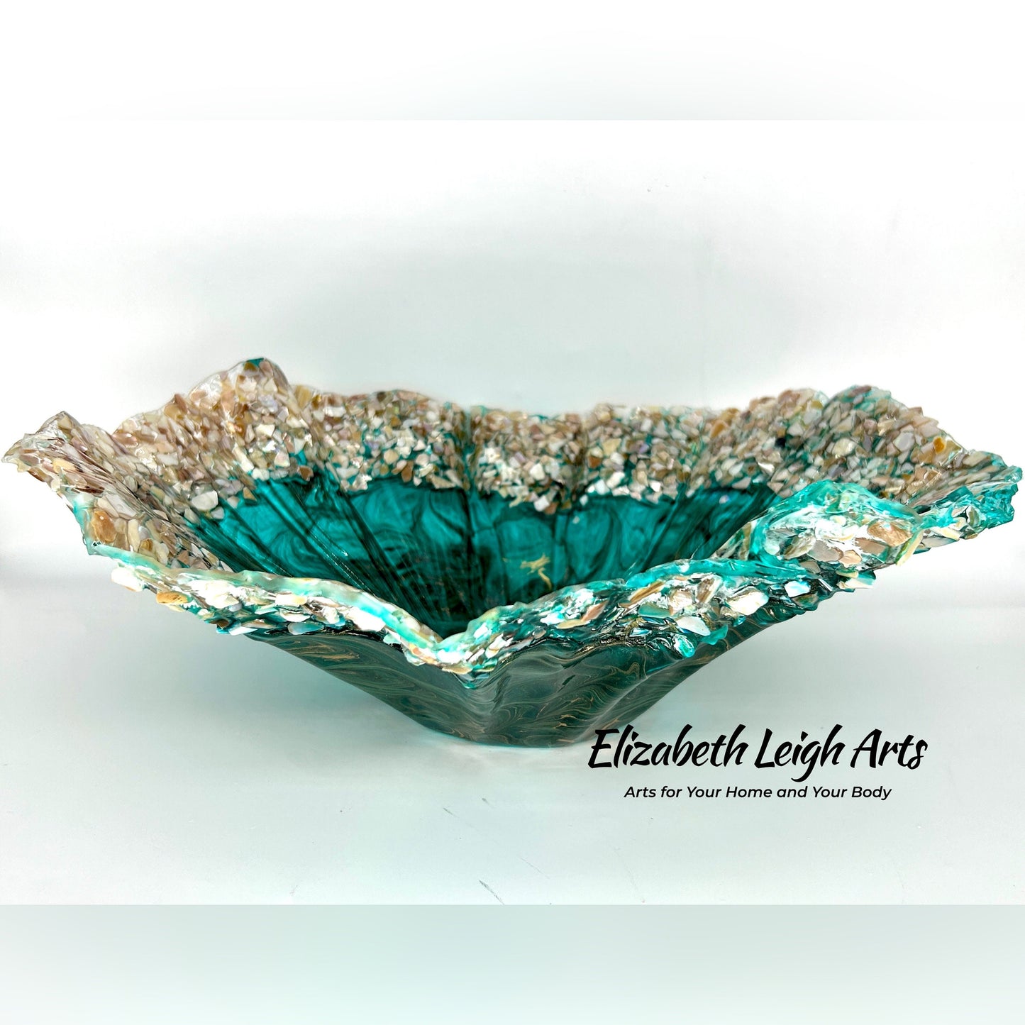 Turquoise Green and Gold Swirled Resin and Crushed Shell Decorative Bowl