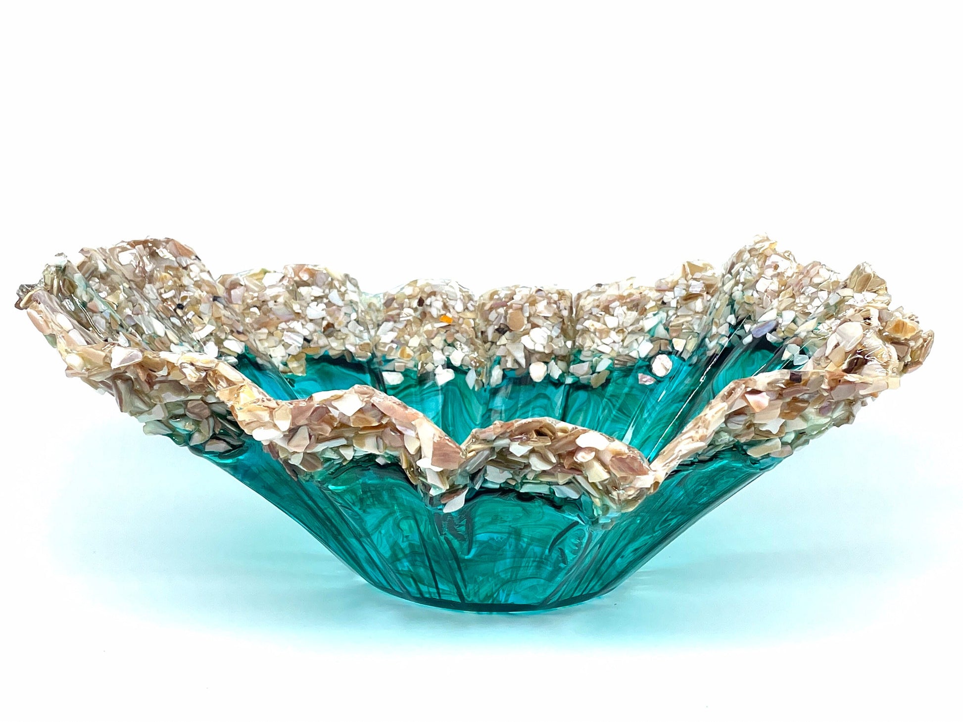 Ocean Turquoise and Green Swirled Resin and Crushed Shell Decorative Bowl MADE TO ORDER