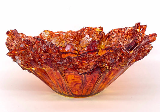 Fire Orange Resin and Cut Glass Decorative Bowl MADE TO ORDER