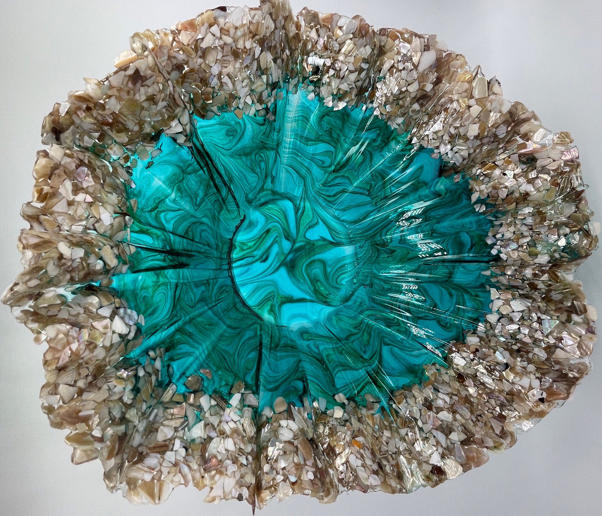 Ocean Turquoise and Green Swirled Resin and Crushed Shell Decorative Bowl MADE TO ORDER