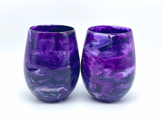 Purple Resin Art Stemless Wine Glass Set of Two Customize 20 Ounce