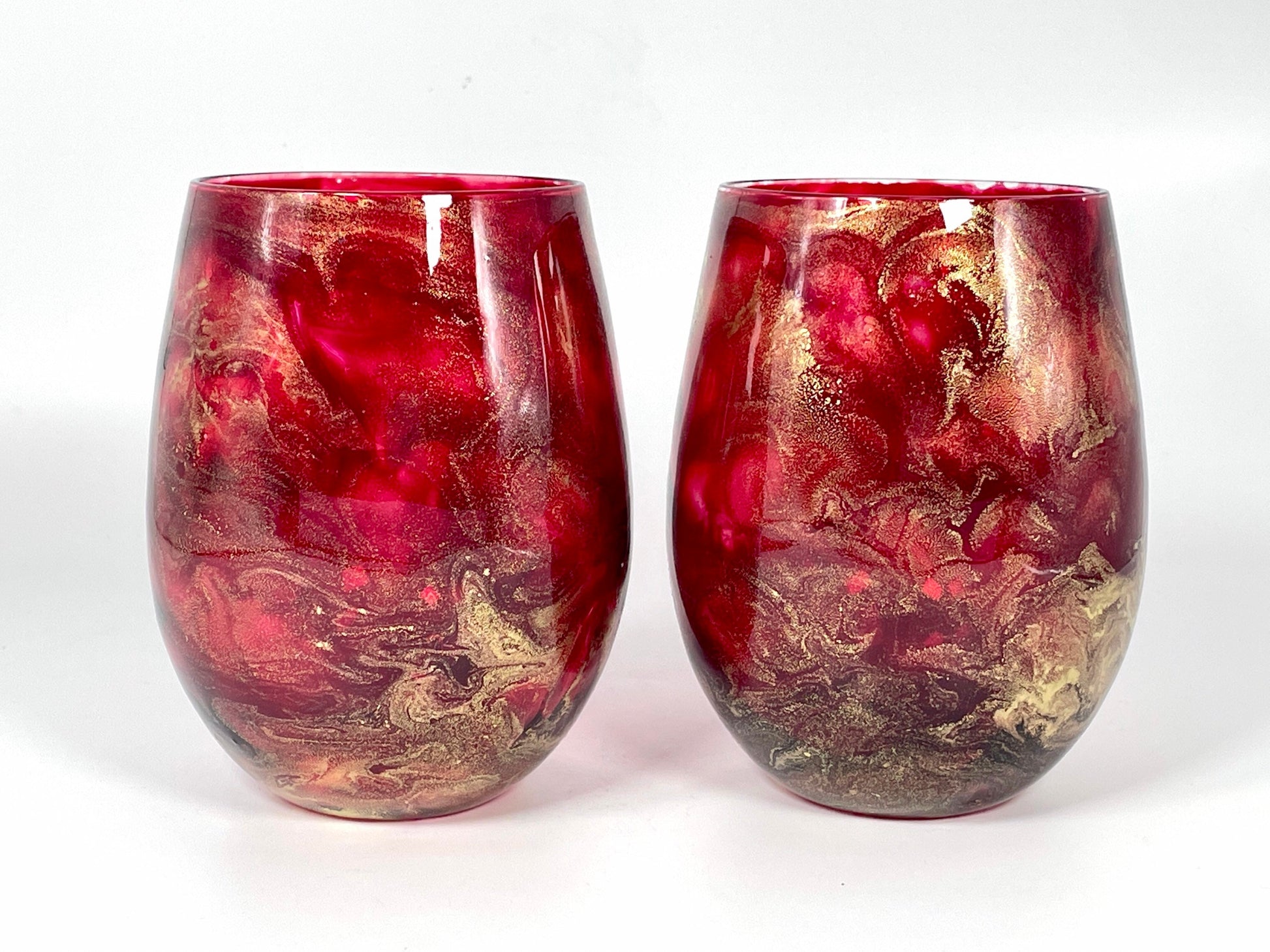Dark Red and Gold Jewel toned Resin Art Stemless Wine Glass Set of