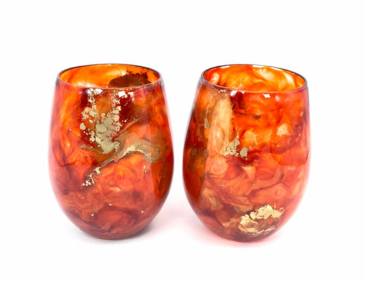 Orange and Gold Resin Art Stemless Wine Glass Set of Two Customize 20 Ounce