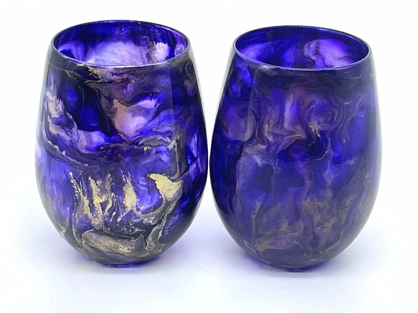 Purple and Gold Resin Art Stemless Wine Glass Set of Two Customize 20 Ounce