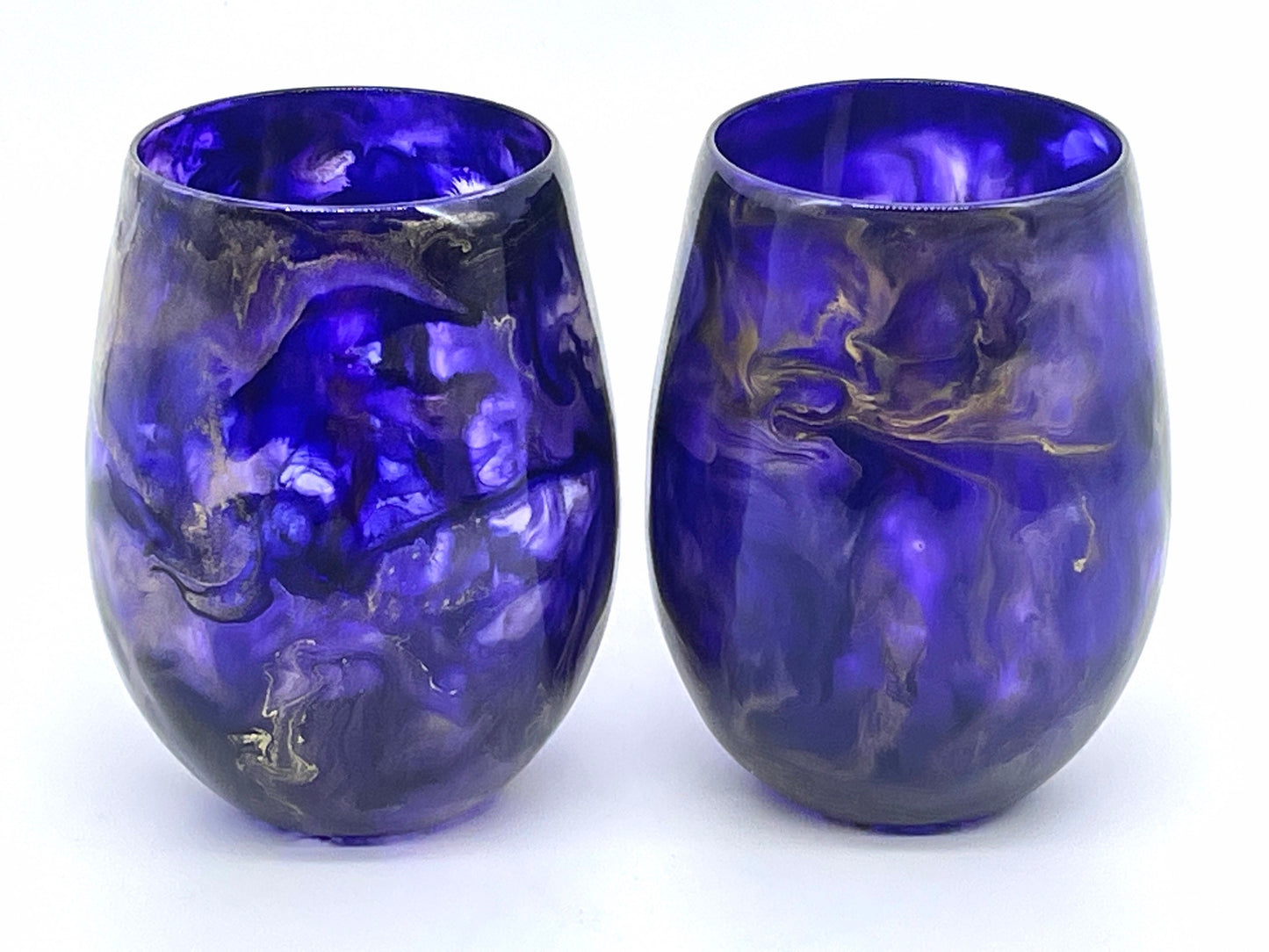 Purple and Gold Resin Art Stemless Wine Glass Set of Two Customize 20 Ounce